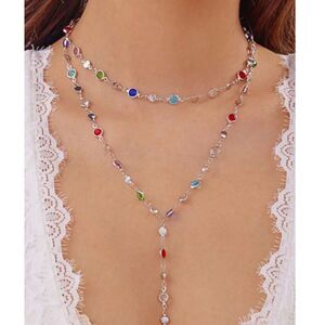 Multi Color Crystal  Silver Y-Necklace Choker Double Layer Cubic Zrcona Gemstone